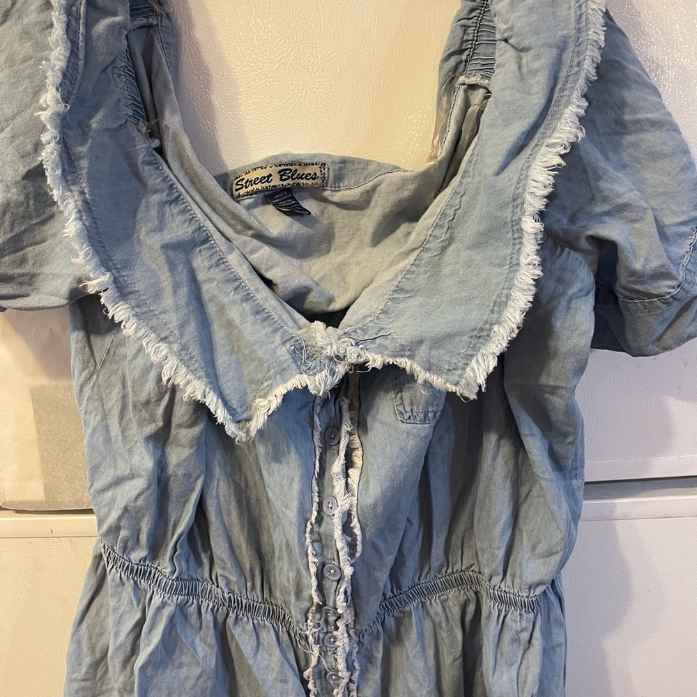 Street Blues Mini Denim Jumpsuit Frayed Edges Denim Blue Size 2X Faded Denim 15